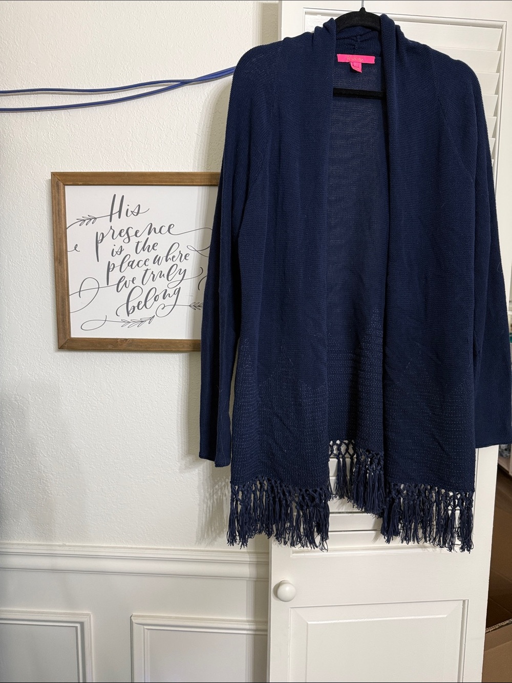 Lilly Pulitzer Navy Blue Open-Front Fringe Cardigan